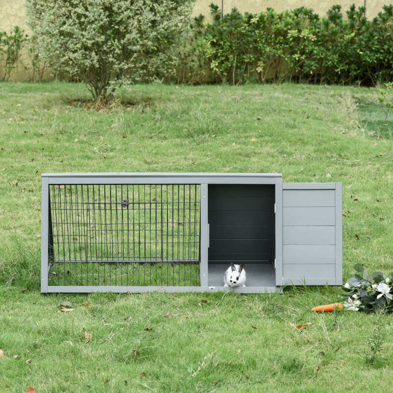 PawHut 46" x 24" Wooden A-Frame Outdoor Rabbit Cage Small Animal Hutch with Outside Run & Ventilating Wire, Grey