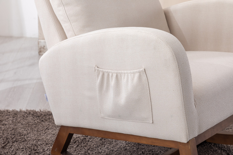 Rocking Chair, Modern Glider Chair, Recliner Armchair with Wood Legs and Side Pocket, Nursery Rocking Accent Chair with High Back for Living Room Bedroom (Beige linen)