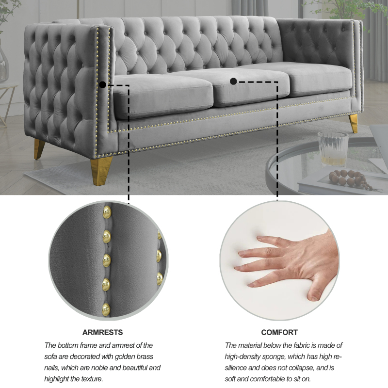{Contact us for 3D modeling}  Velvet Sofa for Living Room,Buttons Tufted Square Arm Couch, Modern Couch Upholstered Button and Metal Legs, Sofa Couch for Bedroom, Grey Velvet(W834S00020)