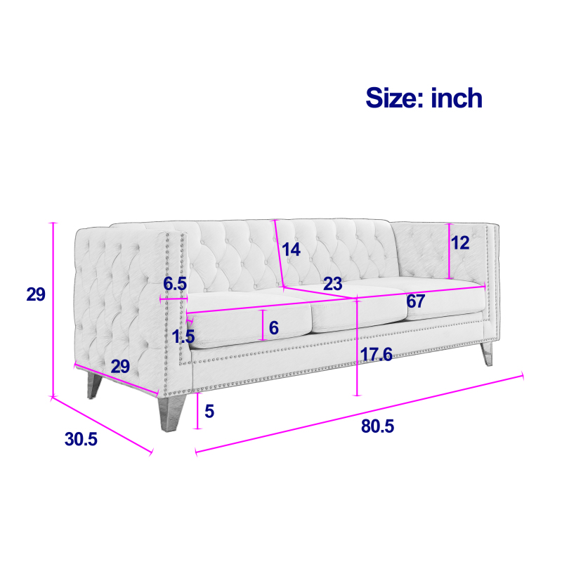 {Contact us for 3D modeling}  Velvet Sofa for Living Room,Buttons Tufted Square Arm Couch, Modern Couch Upholstered Button and Metal Legs, Sofa Couch for Bedroom, Grey Velvet(W834S00020)