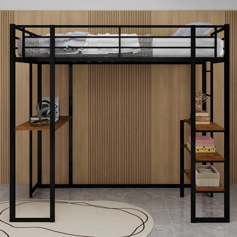 Iron frame bed with bed and table