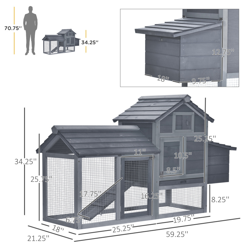 PawHut 59" Small Wooden Chicken coop Hen House Poultry Cage for Outdoor Backyard with 2 Doors, Nesting Box and Removable Tray, Gray