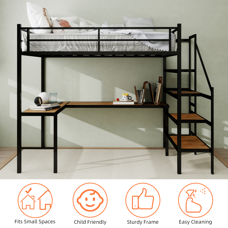 Loft bed with L-shaped desk