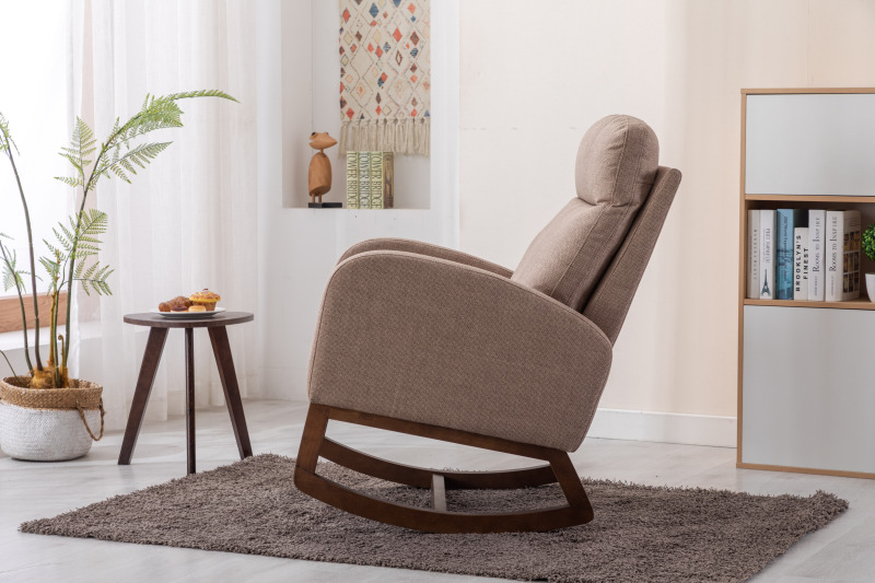 Rocking Chair, Modern Glider Chair, Recliner Armchair with Wood Legs and Side Pocket, Nursery Rocking Accent Chair with High Back for Living Room Bedroom (Camel linen)