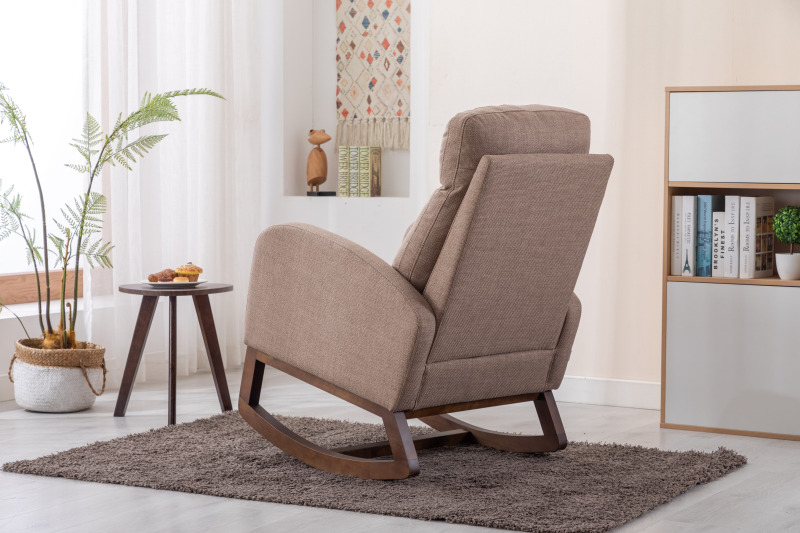Rocking Chair, Modern Glider Chair, Recliner Armchair with Wood Legs and Side Pocket, Nursery Rocking Accent Chair with High Back for Living Room Bedroom (Camel linen)