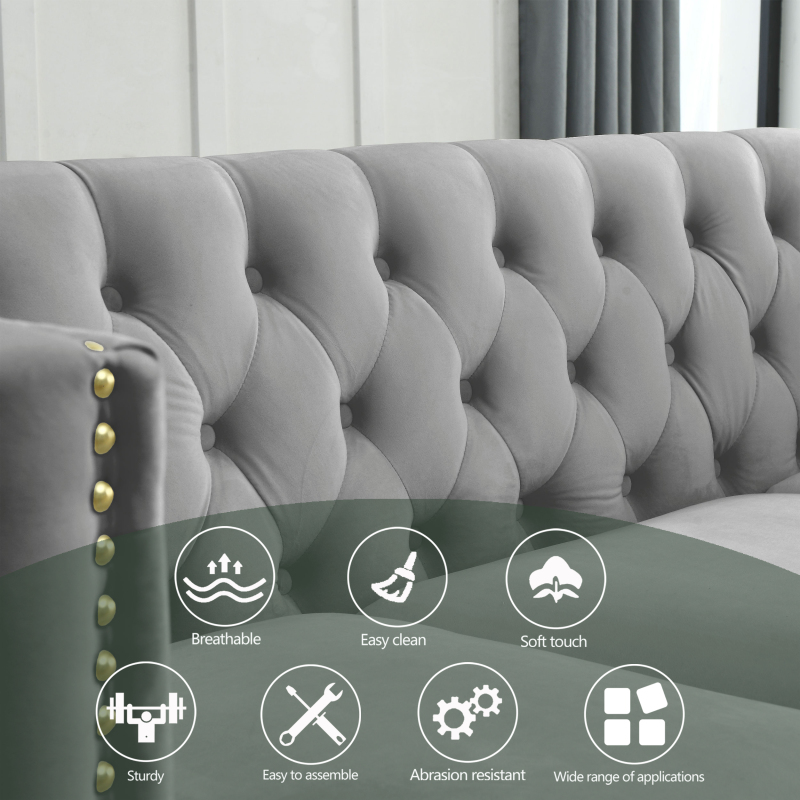 {Contact us for 3D modeling}  Velvet Sofa for Living Room,Buttons Tufted Square Arm Couch, Modern Couch Upholstered Button and Metal Legs, Sofa Couch for Bedroom, Grey Velvet(W834S00020)