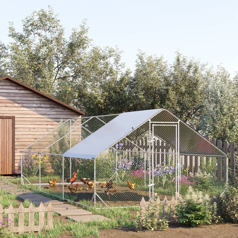 PawHut Large Chicken Coop Metal Chicken Run with Waterproof and Anti-UV Cover, Spire Shaped Walk in Fence Cage Hen House for Outdoor and Yard Farm Use, 1" Tube Diameter, 9.8' x 19.7' x 6.6'