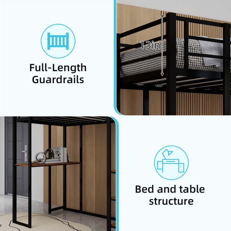 Iron frame bed with bed and table