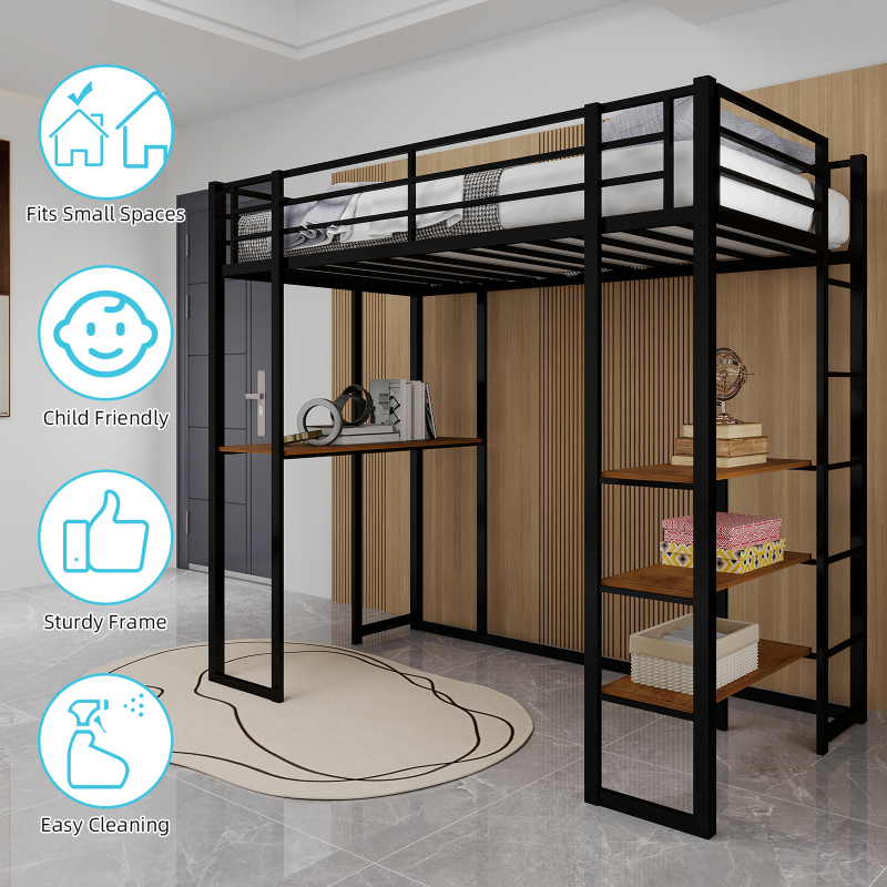 Iron frame bed with bed and table
