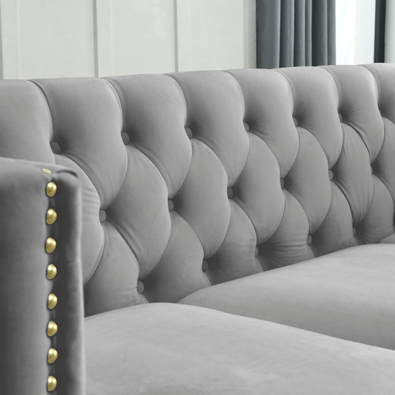 {Contact us for 3D modeling}  Velvet Sofa for Living Room,Buttons Tufted Square Arm Couch, Modern Couch Upholstered Button and Metal Legs, Sofa Couch for Bedroom, Grey Velvet(W834S00020)