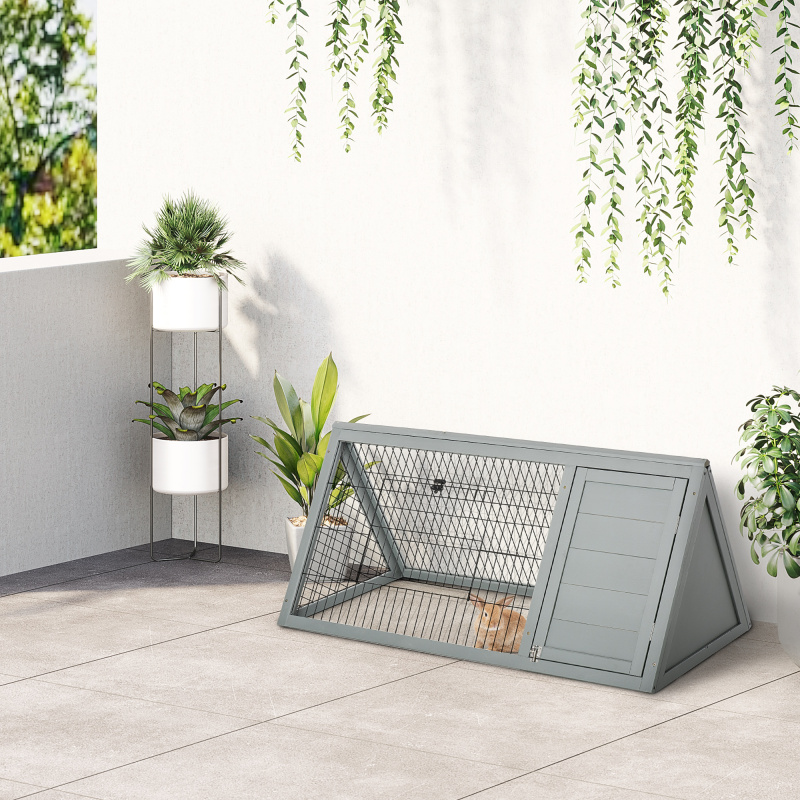 PawHut 46" x 24" Wooden A-Frame Outdoor Rabbit Cage Small Animal Hutch with Outside Run & Ventilating Wire, Grey