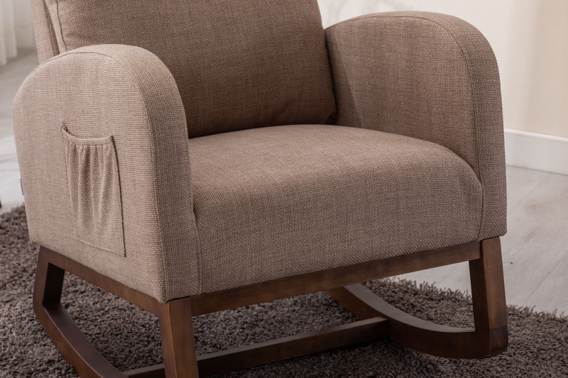 Rocking Chair, Modern Glider Chair, Recliner Armchair with Wood Legs and Side Pocket, Nursery Rocking Accent Chair with High Back for Living Room Bedroom (Camel linen)