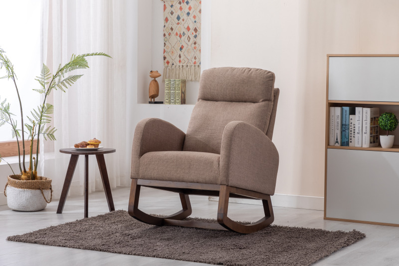 Rocking Chair, Modern Glider Chair, Recliner Armchair with Wood Legs and Side Pocket, Nursery Rocking Accent Chair with High Back for Living Room Bedroom (Camel linen)