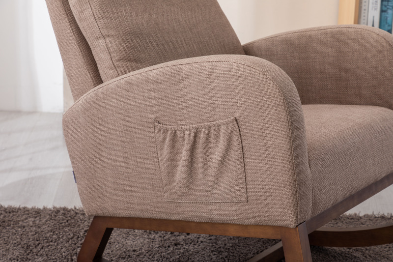 Rocking Chair, Modern Glider Chair, Recliner Armchair with Wood Legs and Side Pocket, Nursery Rocking Accent Chair with High Back for Living Room Bedroom (Camel linen)