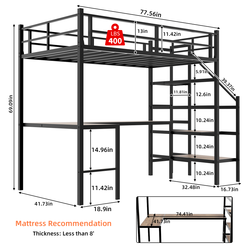 Loft bed with L-shaped desk