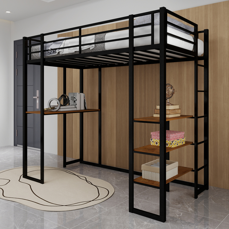 Iron frame bed with bed and table
