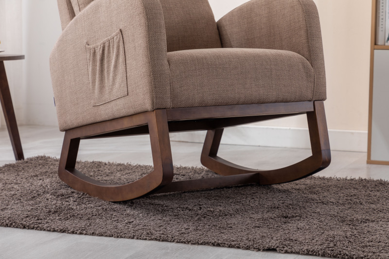 Rocking Chair, Modern Glider Chair, Recliner Armchair with Wood Legs and Side Pocket, Nursery Rocking Accent Chair with High Back for Living Room Bedroom (Camel linen)
