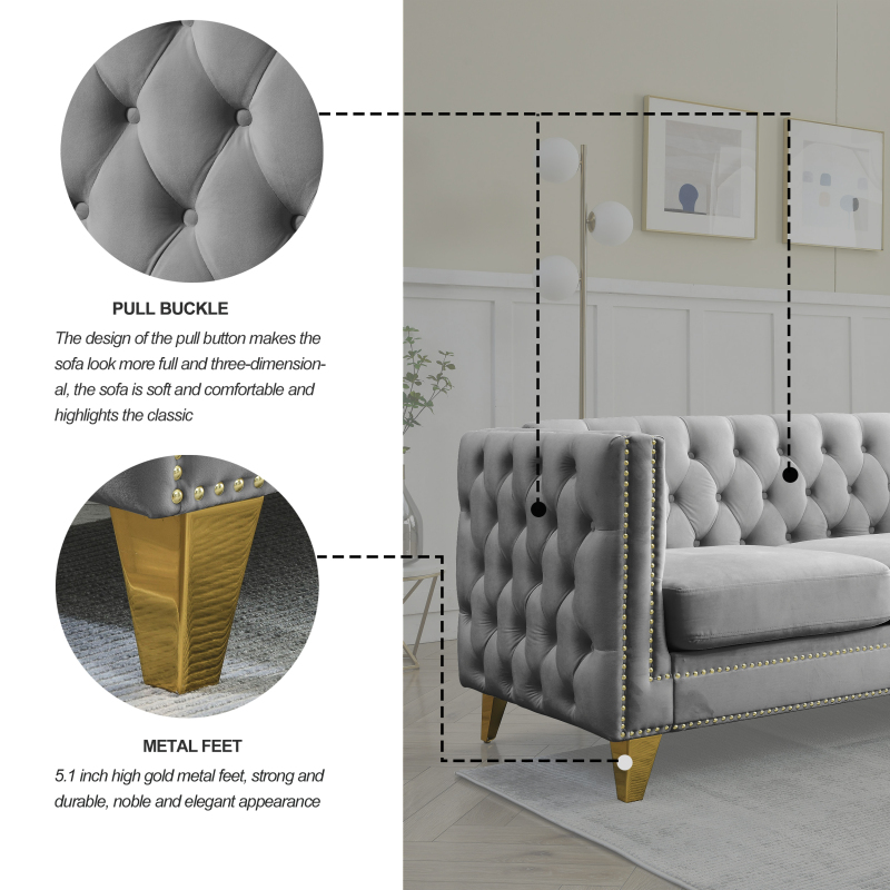 {Contact us for 3D modeling}  Velvet Sofa for Living Room,Buttons Tufted Square Arm Couch, Modern Couch Upholstered Button and Metal Legs, Sofa Couch for Bedroom, Grey Velvet(W834S00020)