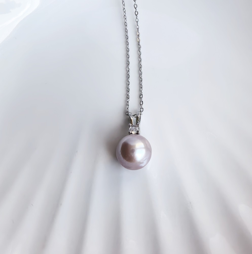 Purple Pearl Pendant 11mm Pearl Necklace Rabbit Ears