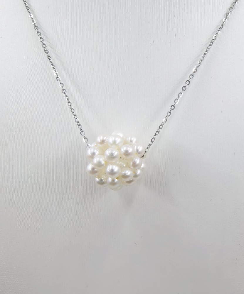 White embroidered ball pearl necklace-13.5mm