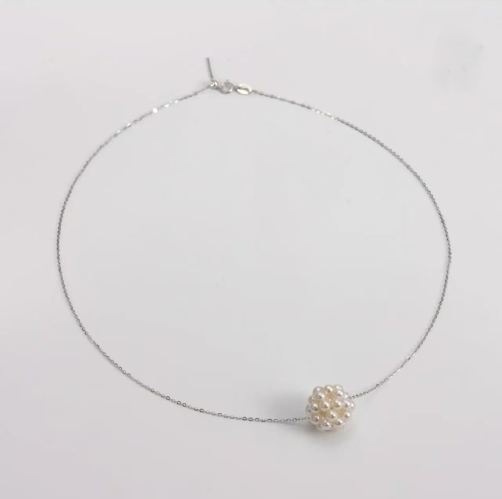 White embroidered ball pearl necklace-13.5mm