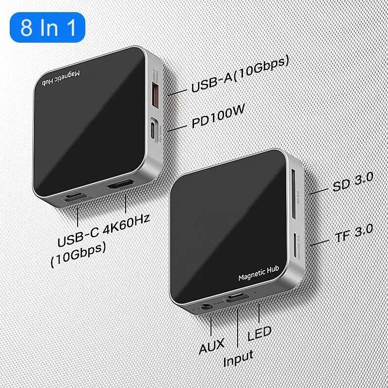 Magnetic USB-C Hub 8-in-1: 4K@60Hz HDMI, 10Gbps USB-A/C, 100W PD Charging, Plug & Play, SD/TF Card Reader, Audio Jack,Aluminum Adapter for MacBook/Windows-UH07-14(UH08-23)