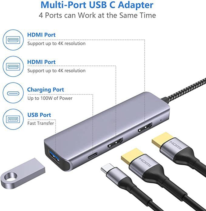 QGeeM 4 in 1 USB C to Dual HDMI Adapter 4K@30Hz with 100W PD Charging, USB-A Port, HDMI Adapter for Dual Monitors for MacBook Pro Air, HP, Dell, iPhone 15 Series-UH04-06