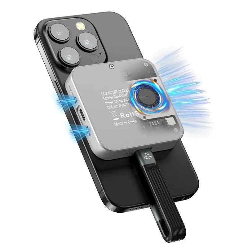 Magnetic M.2 NVMe SSD Enclosure with Built-in Cooling Fan & 100W PD Charging, USB 3.1 Gen 2 Type-C (10Gbps) Aluminum External Case for 2230/2242 PCIe NVMe SSDs up to 2TB, Compact Portable Design, Compatible with Windows/Mac/Linux/Android Devices