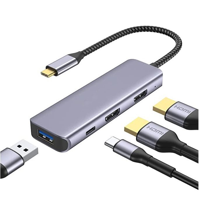 QGeeM 4 in 1 USB C to Dual HDMI Adapter 4K@30Hz with 100W PD Charging, USB-A Port, HDMI Adapter for Dual Monitors for MacBook Pro Air, HP, Dell, iPhone 15 Series-UH04-06