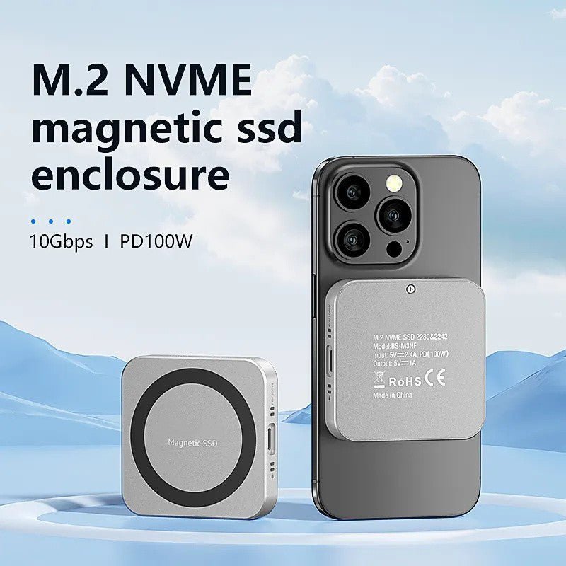 Magnetic M.2 NVMe SSD Enclosure with Built-in Cooling Fan & 100W PD Charging, USB 3.1 Gen 2 Type-C (10Gbps) Aluminum External Case for 2230/2242 PCIe NVMe SSDs up to 2TB, Compact Portable Design, Compatible with Windows/Mac/Linux/Android Devices
