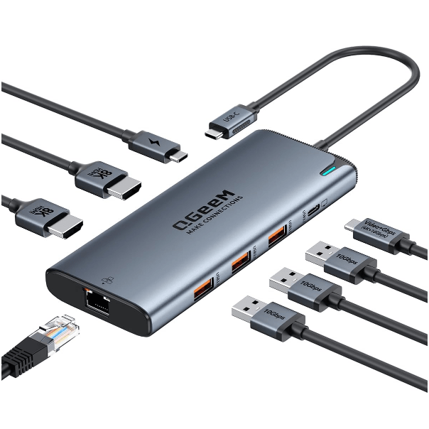 QGeeM USB C Hub,8 in 1 Extender Splitter with Single 8K,Dual 4K@60Hz HDMI for Thunderbolt 3/4/5,Multiport USB C to Ethernet Adapter for Type C Device,USB A 10Gbps Data,PD100W-M1/M2 only 1 Display-UH08-22-A