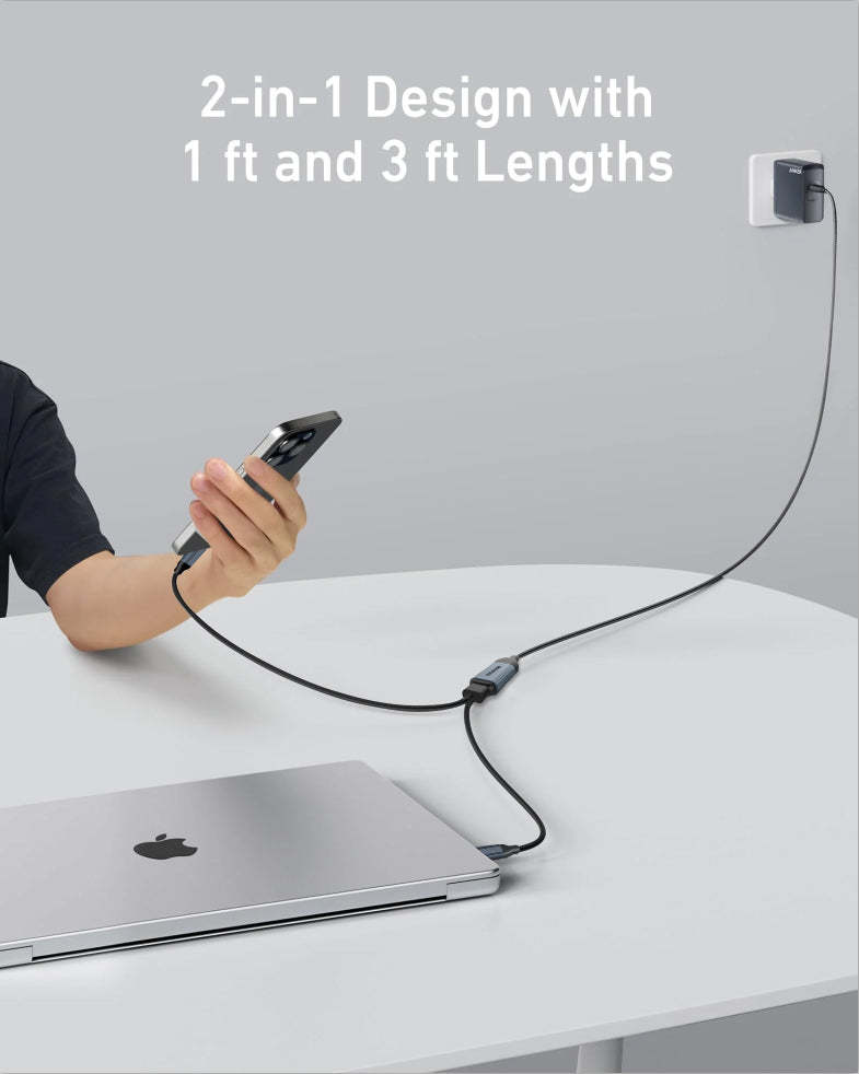 USB-C Cable,&nbsp; 2-in-1 USB C to USB C Cable 140W Max, Fast Charging for iPhone15 Series/16 Series, MacBook Pro, iPad Pro, Galaxy S23/S22 Braided(CC0082-A)
