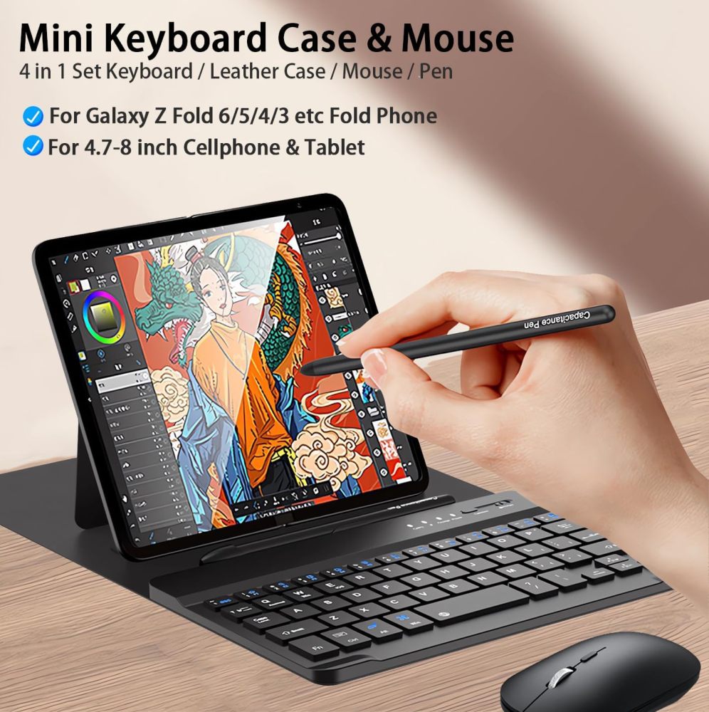 for Samsung Galaxy Z Fold 6 5 4 Keyboard and Mouse, Portable Magentic Mini Keyboard with Leather Case and Capacitive Pen, Wireless Keyboard Case for Fold 6 Accessories