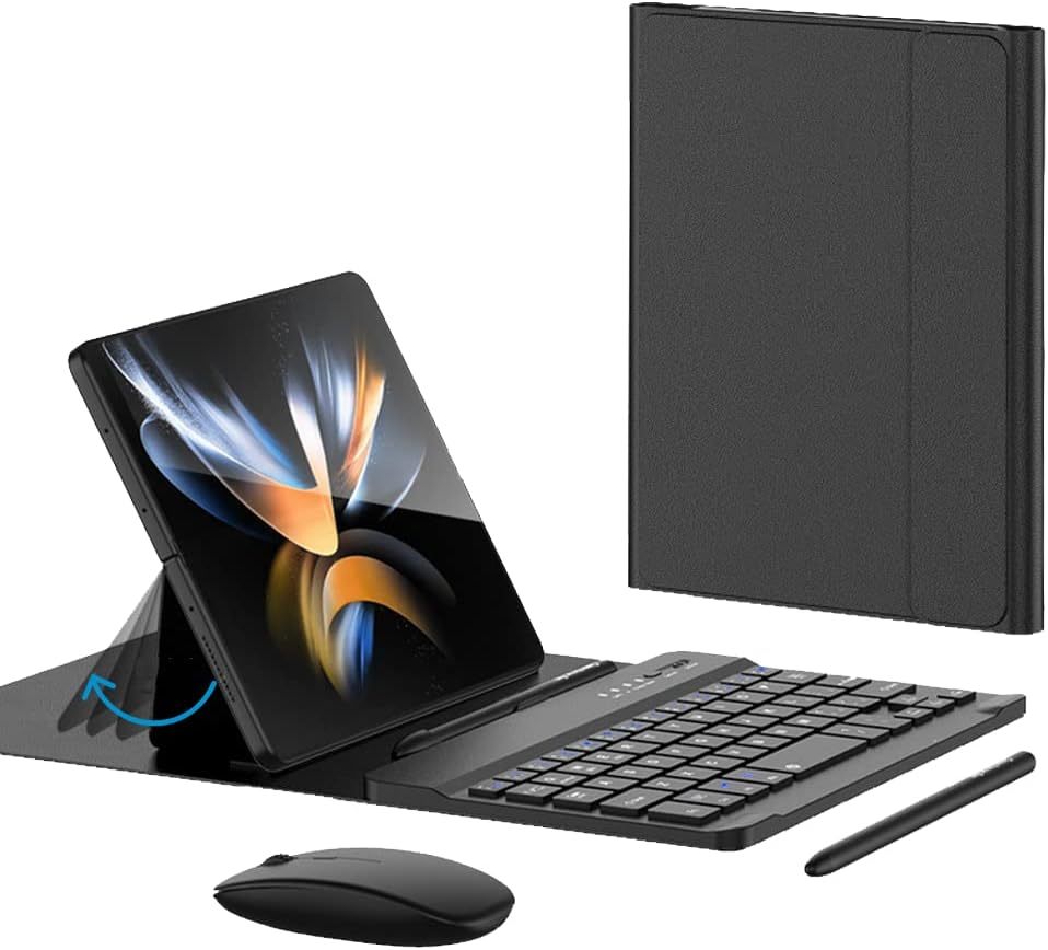 for Samsung Galaxy Z Fold 6 5 4 Keyboard and Mouse, Portable Magentic Mini Keyboard with Leather Case and Capacitive Pen, Wireless Keyboard Case for Fold 6 Accessories