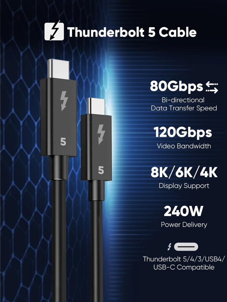 Thunderbolt 5 Cable, Supports 8K Display/ 80Gbps Data Transfer/ 120Gbps Bandwidth Boost/ 240W Fast Charging, Compatible with Thunderbolt 4, USB4, Thunderbolt 3 and USB-C, Black(TB5-1)