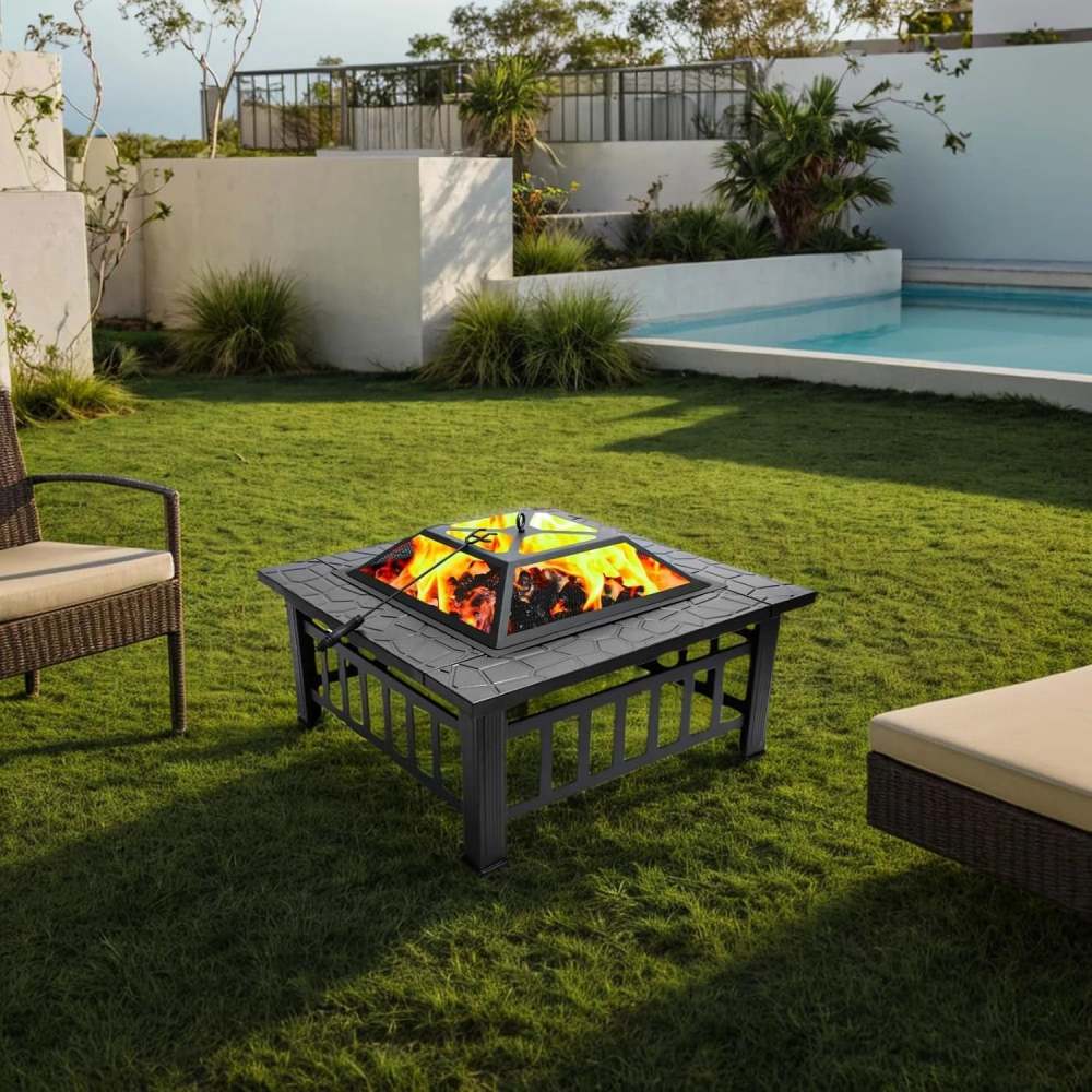 Fire Pit for Outside, 32" Outdoor Wood Burning Firepit with Fireplace Screen, Square Metal Patio Fireplace Tables for Camping, Outdoor Heating, Bonfire and Picnic, Black