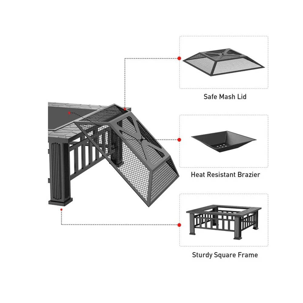 Fire Pit for Outside, 32" Outdoor Wood Burning Firepit with Fireplace Screen, Square Metal Patio Fireplace Tables for Camping, Outdoor Heating, Bonfire and Picnic, Black
