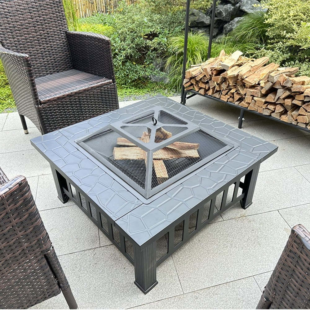 Fire Pit for Outside, 32" Outdoor Wood Burning Firepit with Fireplace Screen, Square Metal Patio Fireplace Tables for Camping, Outdoor Heating, Bonfire and Picnic, Black