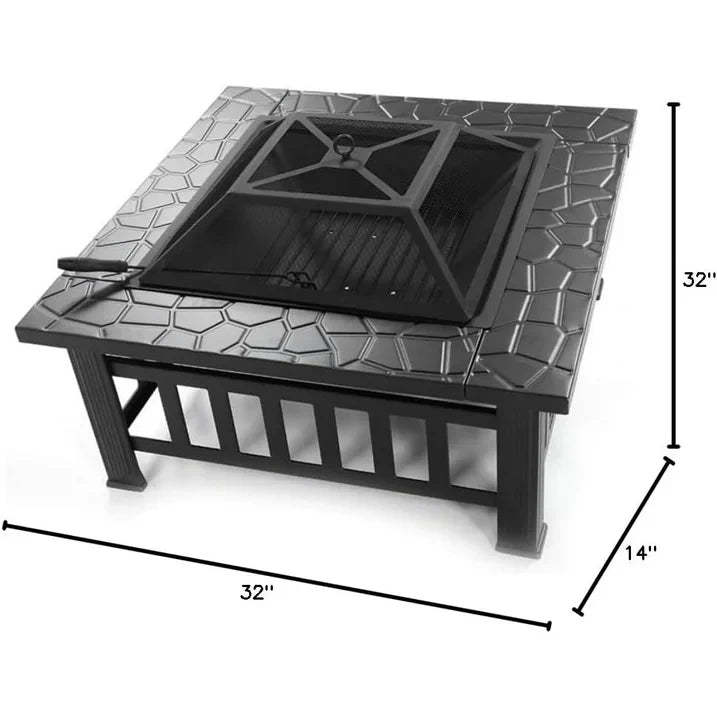 Fire Pit for Outside, 32" Outdoor Wood Burning Firepit with Fireplace Screen, Square Metal Patio Fireplace Tables for Camping, Outdoor Heating, Bonfire and Picnic, Black