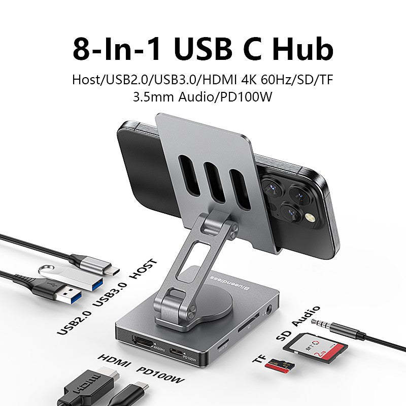 Adjustable Height Mobile Phone Holder Stand 8 In 1  Multiport USB-C USB C Hub Type C to USB3.0 4K HDTV PD Adapter Hub-UH08-25-A