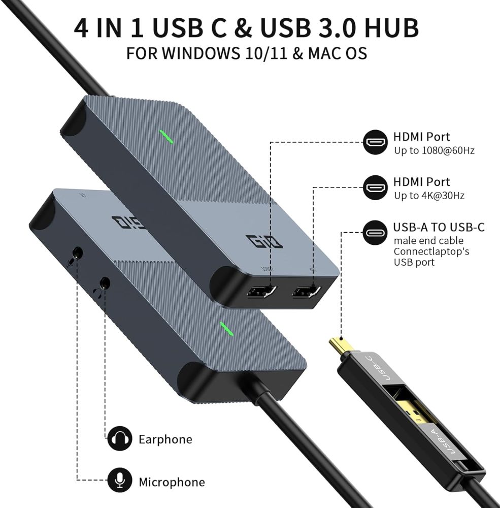 Giq USB 3.0 to Dual HDMI Monitor Adapter 4K@ 30Hz+1080P@60Hz,Universal Video Graphics Card,USB to Hdmi Splitter Extender Monitor for USB 3.0 A or USB-C Hub Dock Compatible with Mac OS,Windows-D6102H