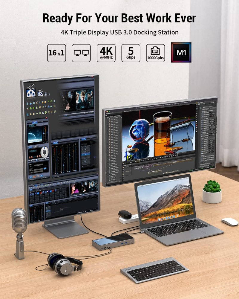 IVIIN 16-in-1 USB 3.0 Docking Station Dual Monitor 4K HDMI and Displayport 5K, Triple Display Displaylink