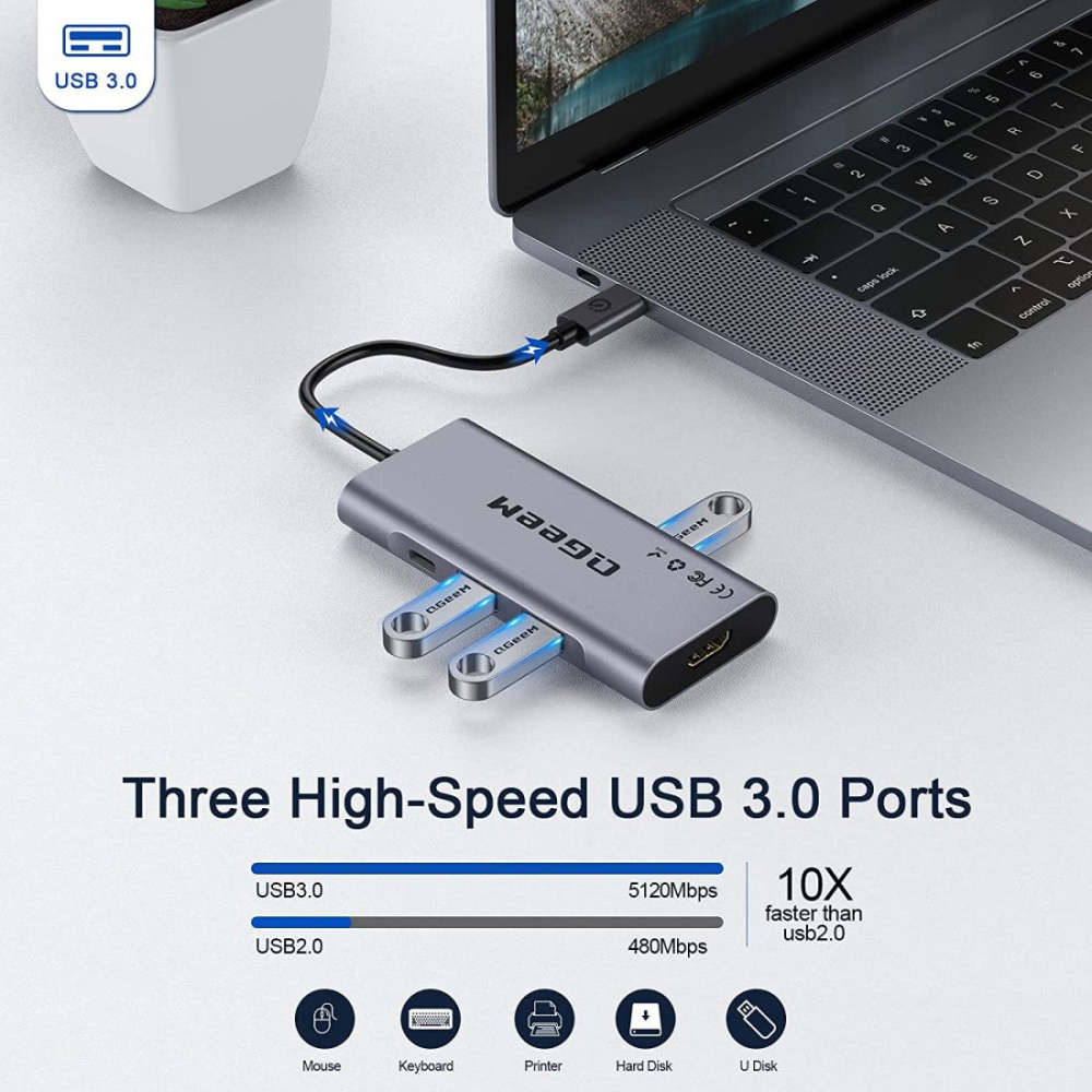 QGeeM 7-in-1 USB-C Hub with 100W Power Delivery,3 USB 3.0 Ports, SD/TF Card Reader,Compatible for MacBook and Windows-UH07-3
