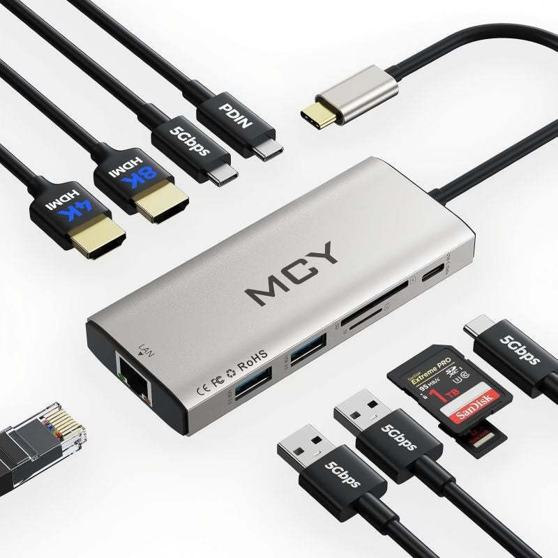 MCY Laptop Docking Station Single 8K@30Hz,Dual Monitor 4K@60Hz,10 in 1 USB C Hub Ethernet,Multiple USB-C to HDMI Adapter PD100W,RJ451000M,USB Data Port,SD/TF2.0,Type C Dongle Dock for MacBook/Dell/HP/Surface