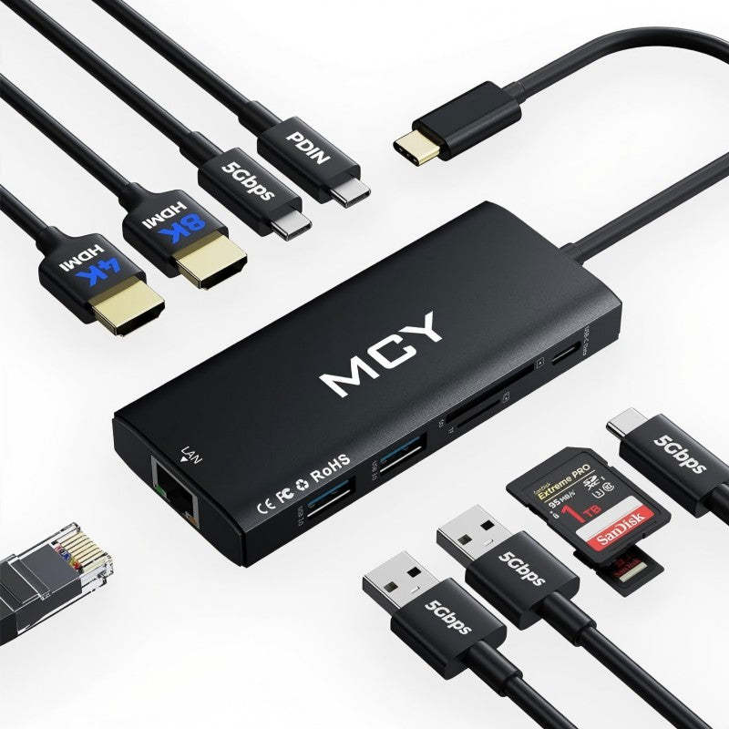 MCY Laptop Docking Station Single 8K@30Hz,Dual Monitor 4K@60Hz,10 in 1 USB C Hub Ethernet,Multiple USB-C to HDMI Adapter PD100W,RJ451000M,USB Data Port,SD/TF2.0,Type C Dongle Dock for MacBook/Dell/HP/Surface