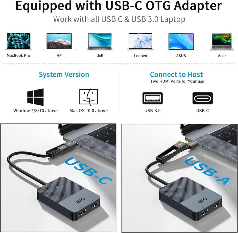 Giq USB 3.0 to Dual HDMI Monitor Adapter 4K@ 30Hz+1080P@60Hz,Universal Video Graphics Card,USB to Hdmi Splitter Extender Monitor for USB 3.0 A or USB-C Hub Dock Compatible with Mac OS,Windows-D6102H
