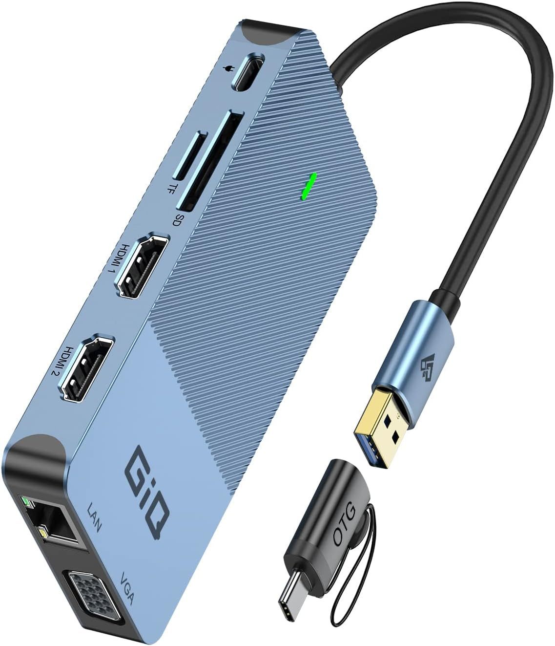 USB Docking Station GIQ USB C HUB USB 3.0 to Dual HDMI VGA Adapter Triple Display USB C Laptop Docking Station Dual Monitor HDMI Splitter Extender Compatible with MacBook-D3908