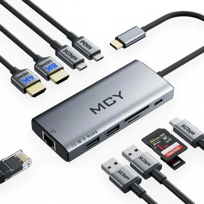 MCY Laptop Docking Station Single 8K@30Hz,Dual Monitor 4K@60Hz,10 in 1 USB C Hub Ethernet,Multiple USB-C to HDMI Adapter PD100W,RJ451000M,USB Data Port,SD/TF2.0,Type C Dongle Dock for MacBook/Dell/HP/Surface