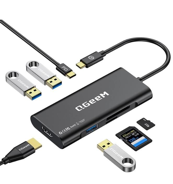 QGeeM 7-in-1 USB-C Hub with 100W Power Delivery,3 USB 3.0 Ports, SD/TF Card Reader,Compatible for MacBook and Windows-UH07-3