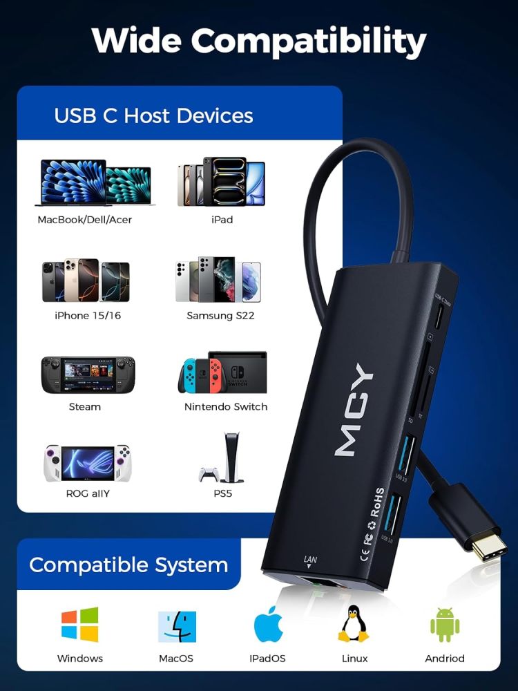 MCY Laptop Docking Station Single 8K@30Hz,Dual Monitor 4K@60Hz,10 in 1 USB C Hub Ethernet,Multiple USB-C to HDMI Adapter PD100W,RJ451000M,USB Data Port,SD/TF2.0,Type C Dongle Dock for MacBook/Dell/HP/Surface